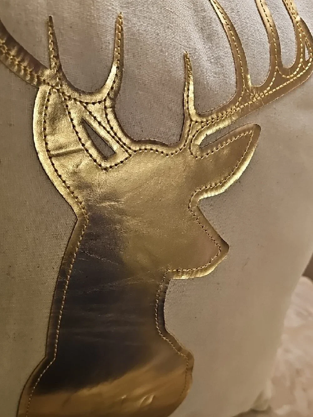 Gold Deer Appliqué Holiday Throw Pillow - Cream New Without Tags 18x18